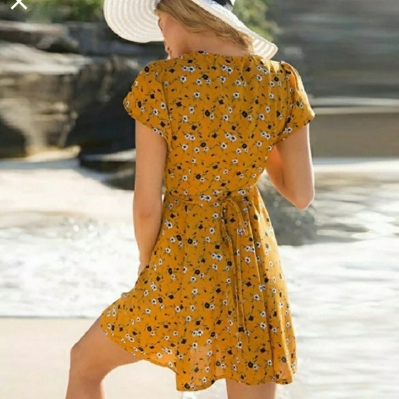 Yellow Floral Cottage Core Wrap Dress - Picture 3 of 7
